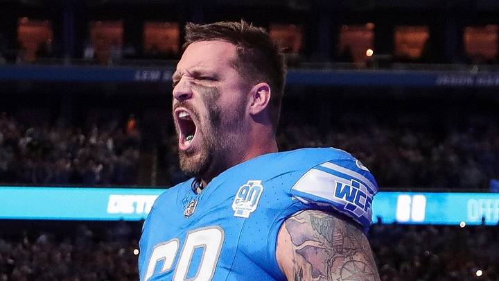 Detroit Lions left tackle Taylor Decker takes the field during player introductions before the Detroit Lions game against the Carolina Panthers at Ford Field in Detroit on Sunday, Oct. 8, 2023. Detroit Lions left tackle Taylor Decker takes the field during player introductions before the Detroit Lions game against the Carolina Panthers at Ford Field in Detroit on Sunday, Oct. 8, 2023.