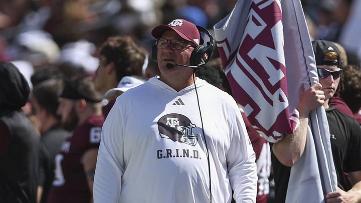 Texas A&M Aggies head coach Mike Elko stands on the sideline during the second quarter against the Auburn Tigers at Kyle Field.