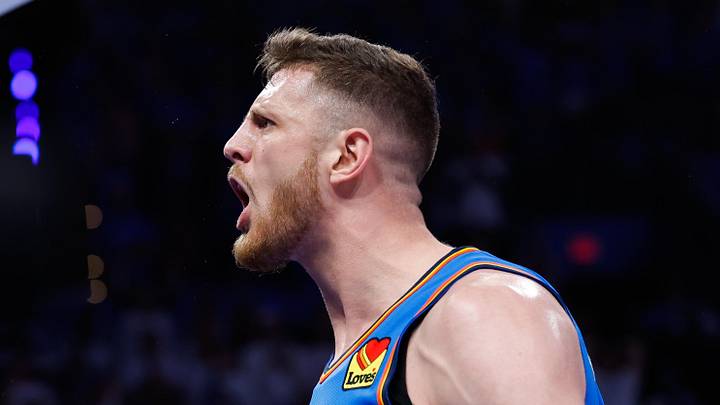 May 20, 2026; Oklahoma City, Oklahoma, USA; Oklahoma City Thunder center Isaiah Hartenstein (55) reacts to a play during the fourth quarter against the San Antonio Spurs during game two of the western conference finals for the 2026 NBA playoffs at Paycom Center. Mandatory Credit: Alonzo Adams-Imagn Images