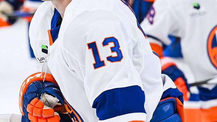 Mar 21, 2026; Montreal, Quebec, CAN; New York Islanders center Mathew Barzal (13) looks on during warm-up before the game against the Montreal Canadiens at Bell Centre. Mandatory Credit: David Kirouac-Imagn Images