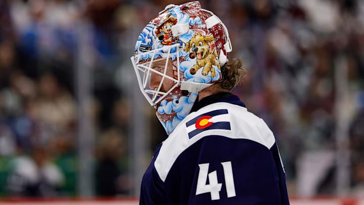 Mar 8, 2026; Denver, Colorado, USA; Colorado Avalanche goaltender Scott Wedgewood (41) in the third period against the Minnesota Wild at Ball Arena. Mandatory Credit: Isaiah J. Downing-Imagn Images