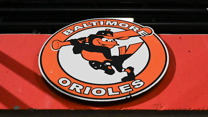 Sep 30, 2023; Baltimore, Maryland, USA; A detailed view of a Baltimore Orioles logo in the stands during the game against the Boston Red Sox  at Oriole Park at Camden Yards. Mandatory Credit: Tommy Gilligan-Imagn Images