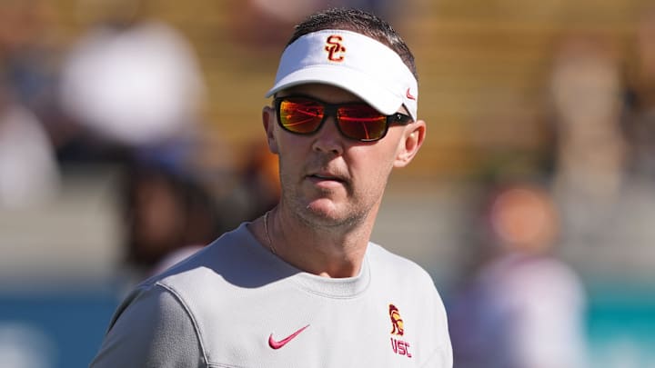 Oct 28, 2023; Berkeley, California, USA; USC Trojans head coach Lincoln Riley before the game against the California Golden Bears at California Memorial Stadium. Mandatory Credit: Darren Yamashita-Imagn Images
