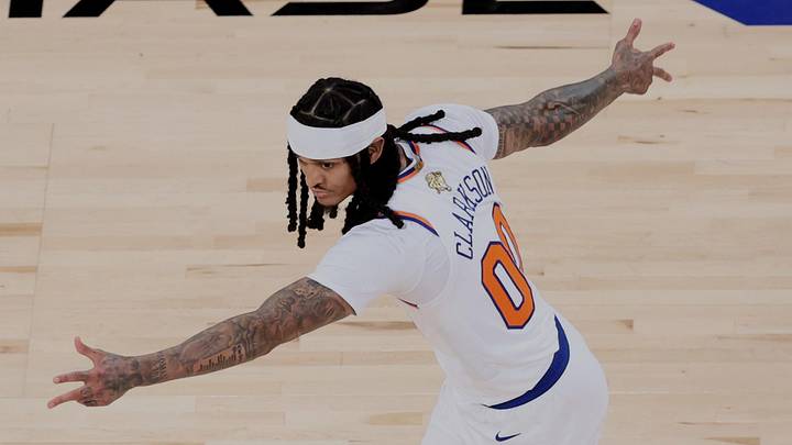 Jun 8, 2026; New York, New York, USA; New York Knicks guard Jordan Clarkson (00) reacts and runs back on defense against the San Antonio Spurs during game three of the 2026 NBA Finals in the third quarter at Madison Square Garden. Mandatory Credit: Wendell Cruz-Imagn Images Jun 8, 2026; New York, New York, USA; New York Knicks guard Jordan Clarkson (00) reacts and runs back on defense against the San Antonio Spurs during game three of the 2026 NBA Finals in the third quarter at Madison Square Garden. Mandatory Credit: Wendell Cruz-Imagn Images