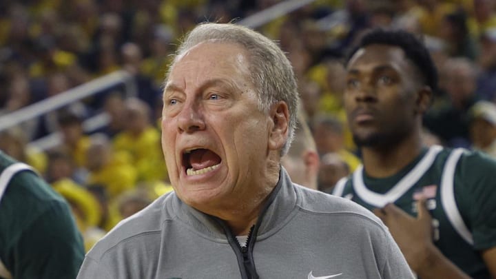 Feb 21, 2025; Ann Arbor, Michigan, USA; Michigan State Spartans head coach Tom Izzo looks on during the second half at Crisler Center. Mandatory Credit: Brian Bradshaw Sevald-Imagn Images