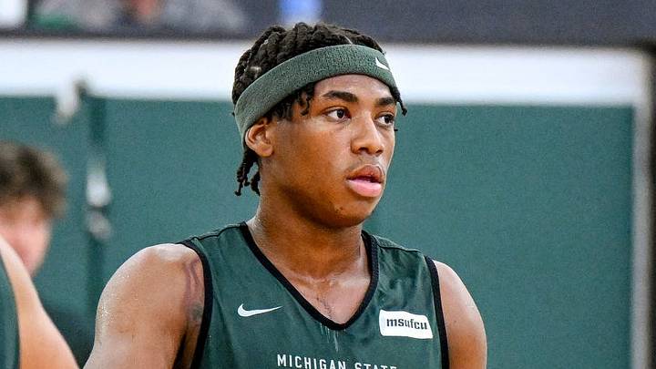 Michigan State’s Jeremy Fears Jr., right, slaps hands with Jesse McCulloch during the first basketball practice of the season on Tuesday, Sept. 22, 2026, at the Breslin Center in East Lansing.