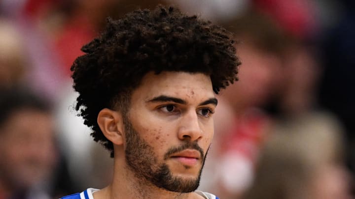 Jan 17, 2026; Stanford, California, USA; Duke Blue Devils forward Cameron Boozer (12) looks on against the Stanford Cardinal in the first half at Maples Pavilion. Mandatory Credit: Eakin Howard-Imagn Images