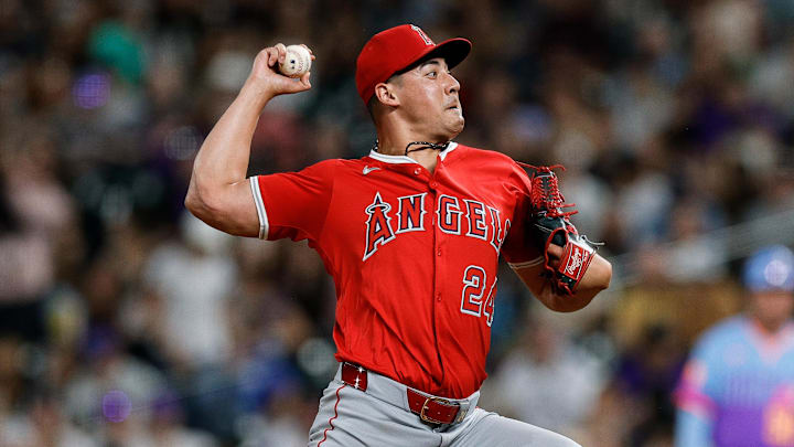 Los Angeles Angels relief pitcher Robert Stephenson (24) pitches