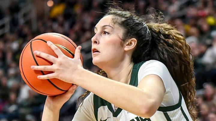 Michigan State's Emma Shumate makes a 3-pointer against Michigan during the third quarter on Sunday, Feb. 1, 2026, at the Breslin Center in East Lansing.