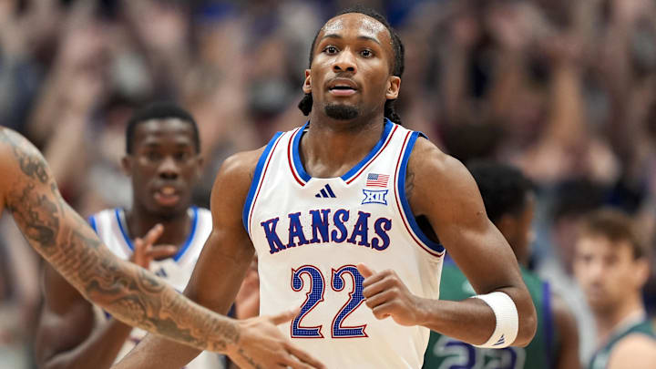 Nov 3, 2025; Lawrence, Kansas, USA; Kansas Jayhawks guard Darryn Peterson (22) reacts after scoring during the first half against the Green Bay Phoenix at Allen Fieldhouse. Mandatory Credit: Jay Biggerstaff-Imagn Images