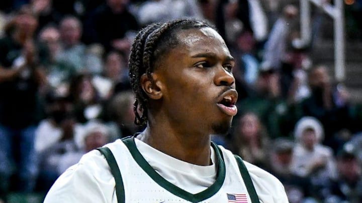 Michigan State's Coen Carr celebrates after a dunk against Toledo during the second half on Tuesday, Dec. 16, 2025, at the Breslin Center in East Lansing. Michigan State's Coen Carr celebrates after a dunk against Toledo during the second half on Tuesday, Dec. 16, 2025, at the Breslin Center in East Lansing.