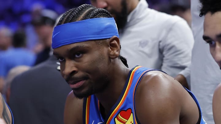 Mar 9, 2026; Oklahoma City, Oklahoma, USA; Oklahoma City Thunder guard Shai Gilgeous-Alexander (2) listens to the coach during a time out against the Denver Nuggets during the second quarter at Paycom Center. Mandatory Credit: Alonzo Adams-Imagn Images