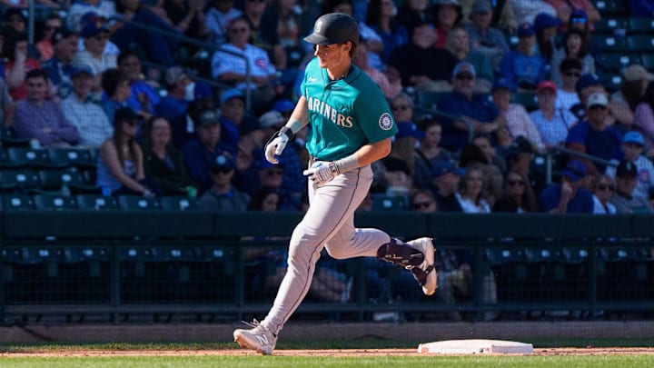Seattle Mariners infielder Colt Emerson (85) hits a home run in the top of the ninth during a spring training game. Seattle Mariners infielder Colt Emerson (85) hits a home run in the top of the ninth during a spring training game.