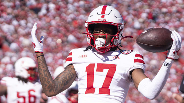 Oct 19, 2024; Bloomington, Indiana, USA; Nebraska Cornhuskers wide receiver Jacory Barney Jr. (17) celebrates a touchdown during the second quarter against the Indiana Hoosiers at Memorial Stadium.