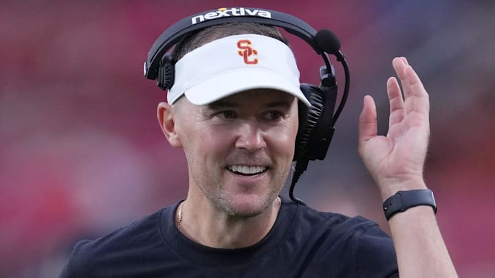Sep 2, 2023; Los Angeles, California, USA; Southern California Trojans head coach Lincoln Riley reacts against the Nevada Wolf Pack  in the second half at United Airlines Field at Los Angeles Memorial Coliseum. Mandatory Credit: Kirby Lee-Imagn Images