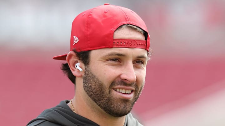 Sep 28, 2025; Tampa, Florida, USA; Tampa Bay Buccaneers quarterback Baker Mayfield (6) warms up before the game against the Philadelphia Eagles  at Raymond James Stadium. Mandatory Credit: Nathan Ray Seebeck-Imagn Images