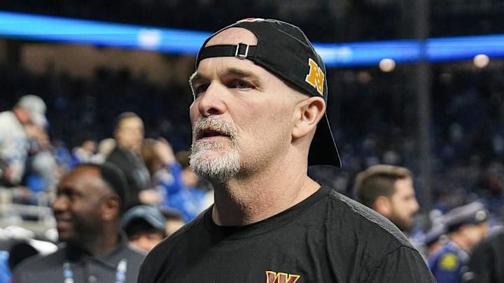 Washington Commanders head coach Dan Quinn walks up the tunnel during warm up before the NFC divisional round between Detroit Lions and Washington Commanders at Ford Field in Detroit on Saturday, Jan. 18, 2025.