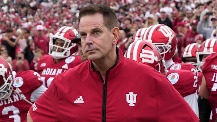 Jan 1, 2026; Pasadena, CA, USA; Indiana Hoosiers head coach Curt Cignetti looks on before the 2026 Rose Bowl and quarterfinal game of the College Football Playoff against the Alabama Crimson Tide at Rose Bowl Stadium. 
