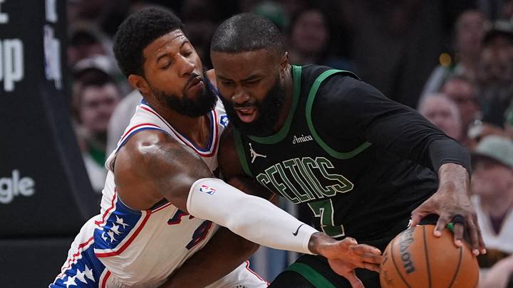 Apr 28, 2026; Boston, Massachusetts, USA; Philadelphia 76ers forward Paul George (8) defends against Boston Celtics guard Jaylen Brown (7) in the second quarter during game five of the first round of the 2026 NBA Playoffs at TD Garden. Mandatory Credit: David Butler II-Imagn Images Apr 28, 2026; Boston, Massachusetts, USA; Philadelphia 76ers forward Paul George (8) defends against Boston Celtics guard Jaylen Brown (7) in the second quarter during game five of the first round of the 2026 NBA Playoffs at TD Garden. Mandatory Credit: David Butler II-Imagn Images