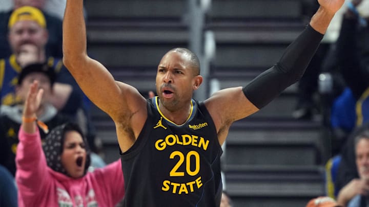 Golden State Warriors center Al Horford (20) reacts after being called for a foul during the first quarter against the Oklahoma City Thunder at Chase Center, Jan 2, 2026.