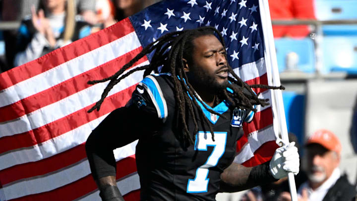 Carolina Panthers linebacker Jadeveon Clowney runs on to the field before the game at Bank of America Stadium. Carolina Panthers linebacker Jadeveon Clowney runs on to the field before the game at Bank of America Stadium.
