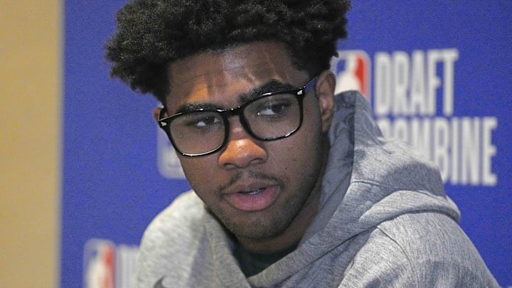 May 14, 2025; Chicago, Il, USA; Jase Richardson talks to the media during the 2025 NBA Draft Combine at Marriott Marquis Chicago. Mandatory Credit: David Banks-Imagn Images