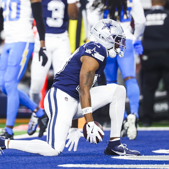 Dallas Cowboys wide receiver Ryan Flournoy celebrates after catching a touchdown pass against the Los Angeles Chargers 