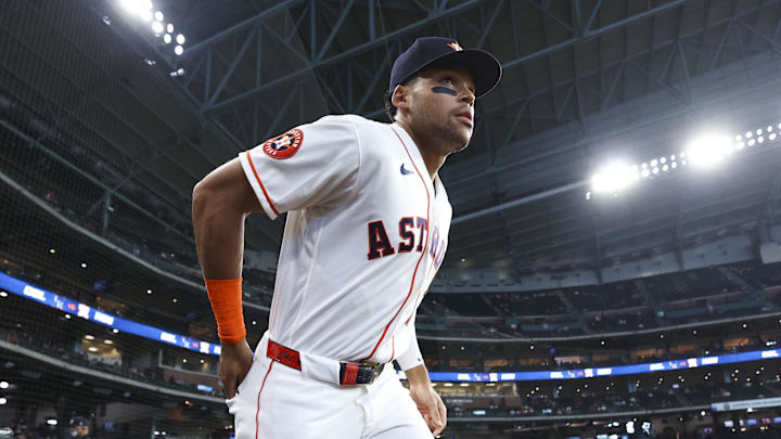 Apr 16, 2026; Houston, Texas, USA; Houston Astros right fielder Cam Smith (11) jogs out of the dugout before the game against the Colorado Rockies at Daikin Park. Mandatory Credit: Troy Taormina-Imagn Images