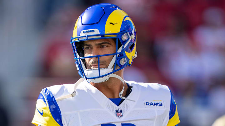 November 9, 2025; Santa Clara, California, USA; Los Angeles Rams quarterback Jimmy Garoppolo (11) warms up before the game against the San Francisco 49ers at Levi's Stadium. Mandatory Credit: Kyle Terada-Imagn Images