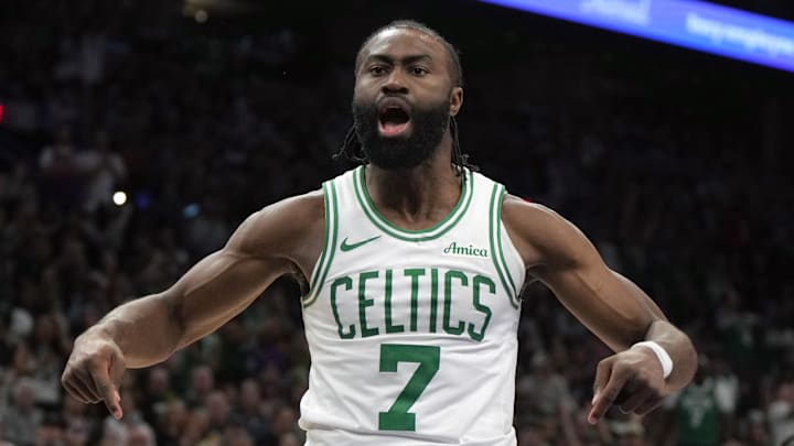 Boston Celtics forward Jaylen Brown reacts after a play.