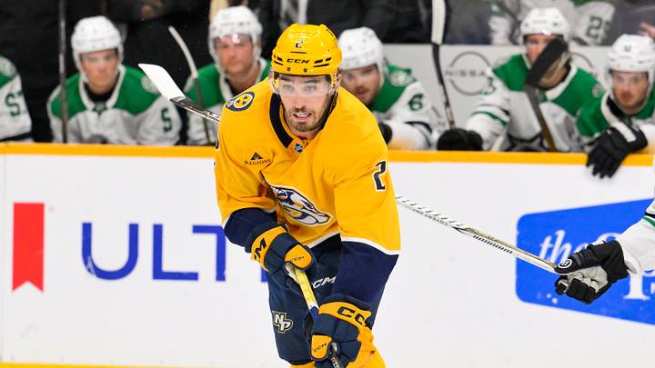 Oct 3, 2026; Nashville, Tennessee, USA; Nashville Predators defenseman Adam Wilsby (2) skates with the puck against the Dallas Stars during the second period at Bridgestone Arena. Mandatory Credit: Steve Roberts-Imagn Images Oct 3, 2026; Nashville, Tennessee, USA; Nashville Predators defenseman Adam Wilsby (2) skates with the puck against the Dallas Stars during the second period at Bridgestone Arena. Mandatory Credit: Steve Roberts-Imagn Images