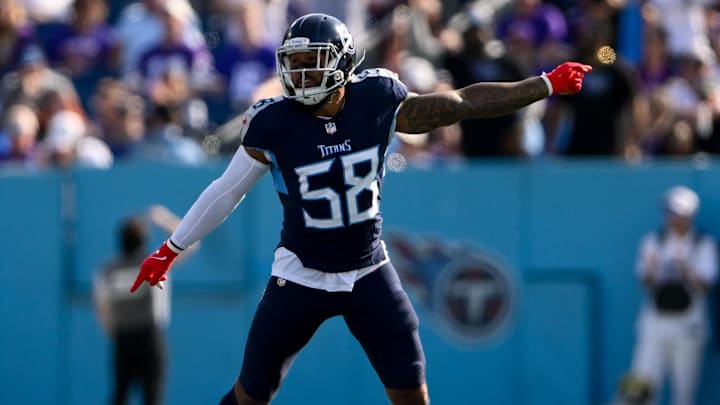 Nov 17, 2024; Nashville, Tennessee, USA;  Tennessee Titans linebacker Harold Landry III (58) celebrates the fumble recovery against the Minnesota Vikings during the first half at Nissan Stadium. Mandatory Credit: Steve Roberts-Imagn Images