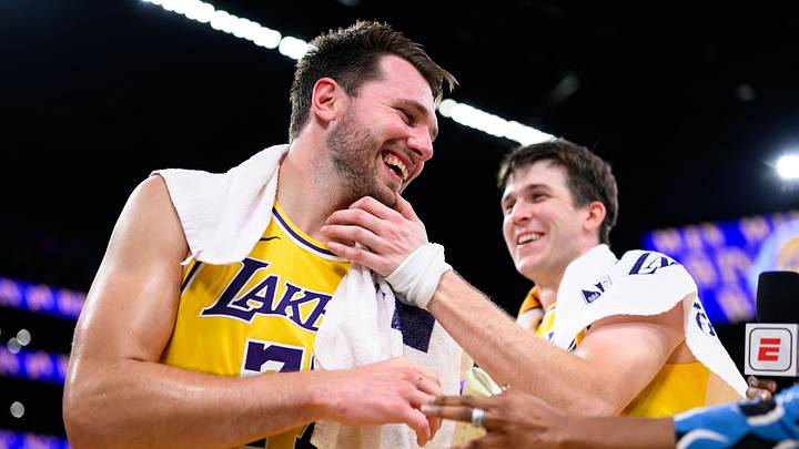 Mar 14, 2026; Los Angeles, California, USA; Los Angeles Lakers guard Luka Doncic (77) reacts with guard Austin Reaves (15) after scoring a game-winning shot during overtime against the Denver Nuggets at Crypto.com Arena. Mandatory Credit: William Liang-Imagn Images Mar 14, 2026; Los Angeles, California, USA; Los Angeles Lakers guard Luka Doncic (77) reacts with guard Austin Reaves (15) after scoring a game-winning shot during overtime against the Denver Nuggets at Crypto.com Arena. Mandatory Credit: William Liang-Imagn Images