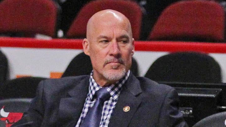 Dec 12, 2015; Chicago, IL, USA; Chicago Bulls vice president of basketball perations John Paxson (left) and general manager Gar Forman (center) talk with sports writer Sam Smith (right) prior to a game against the New Orleans Pelicans at the United Center. Mandatory Credit: Dennis Wierzbicki-Imagn Images