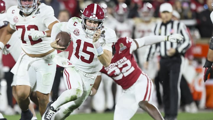 Alabama quarterback Ty Simpson runs the ball Dec. 19, 2025, against Oklahoma at Gaylord Family Oklahoma Memorial Stadium.