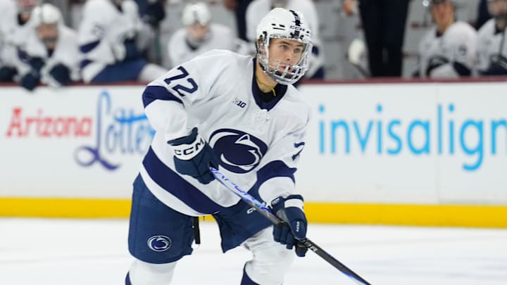 Oct 3, 2025; Tempe, AZ, USA; Penn State Nittany Lions forward Gavin McKenna (72) in action against the Arizona State Sun Devils during the third period at Mullett Arena. Mandatory Credit: Joe Camporeale-Imagn Images Oct 3, 2025; Tempe, AZ, USA; Penn State Nittany Lions forward Gavin McKenna (72) in action against the Arizona State Sun Devils during the third period at Mullett Arena. Mandatory Credit: Joe Camporeale-Imagn Images