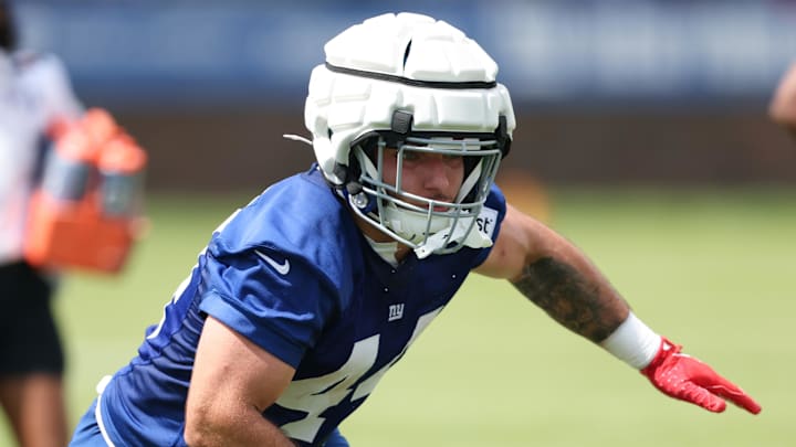 Jul 23, 2025; East Rutherford, NJ, USA; New York Giants running back Cam Skattebo (44) participates in drills during training camp at Quest Diagnostics Training Center. Mandatory Credit: Vincent Carchietta-Imagn Images