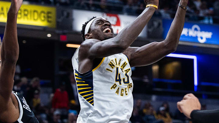 Nov 5, 2025; Indianapolis, Indiana, USA; Indiana Pacers forward Pascal Siakam (43) shoots the ball while Brooklyn Nets forward/center Noah Clowney (21) defends in the first half  at Gainbridge Fieldhouse. Mandatory Credit: Trevor Ruszkowski-Imagn Images