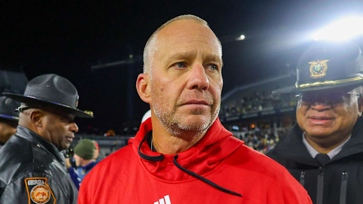 Nov 21, 2024; Atlanta, Georgia, USA; North Carolina State Wolfpack head coach Dave Doeren after a game against the Georgia Tech Yellow Jackets at Bobby Dodd Stadium at Hyundai Field. Mandatory Credit: Brett Davis-Imagn Images