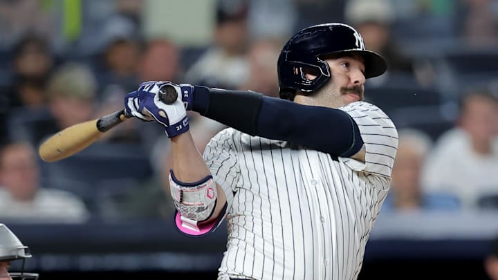 Sep 25, 2025; Bronx, New York, USA; New York Yankees catcher Austin Wells (28) follows through on an RBI double against the Chicago White Sox during the seventh inning at Yankee Stadium. Mandatory Credit: Brad Penner-Imagn Images
