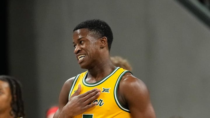 Dec 31, 2024; Waco, Texas, USA; Baylor Bears guard VJ Edgecombe (7) gestures after a play against the Utah Utes during the second half at Paul and Alejandra Foster Pavilion. Mandatory Credit: Chris Jones-Imagn Images