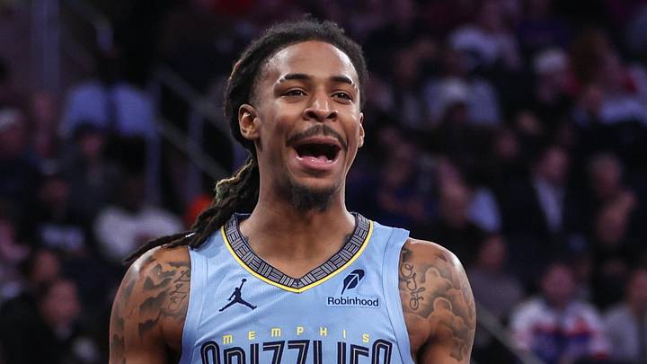 Nov 11, 2025; New York, New York, USA;  Memphis Grizzlies guard Ja Morant (12) reacts after getting called for a foul in the second quarter against the New York Knicks at Madison Square Garden. Mandatory Credit: Wendell Cruz-Imagn Images