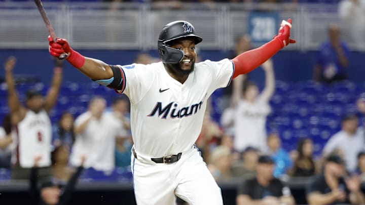Jun 18, 2024; Miami, Florida, USA; Miami Marlins shortstop Vidal Brujan (17) reacts after singling in the winning run against the St. Louis Cardinals  after the tenth inning at loanDepot Park.