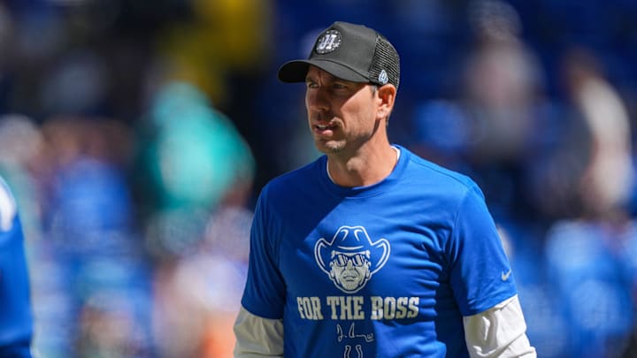Indianapolis Colts Shane Steichen walks off the field Sunday, Sept. 7, 2025, ahead of the game at Lucas Oil Stadium in Indianapolis.
