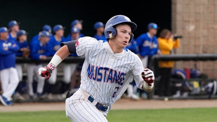 Fort Cobb-Broxton's Eli Willits runs to first after hitting a fly ball during the high school baseball game between Fort Cobb-Broxton and Stillwater at Edmond Santa Fe High School in Edmond, Okla., Friday, April, 18, 2025.