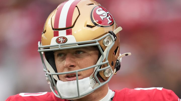 Dec 14, 2025; Santa Clara, California, USA;  San Francisco 49ers quarterback Mac Jones (10) warms up prior to the first half against the Tennessee Titans at Levi's Stadium. Mandatory Credit: Cary Edmondson-Imagn Images