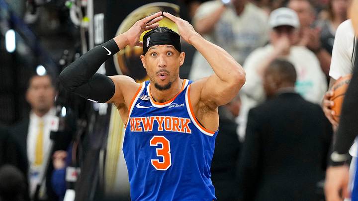 Jun 5, 2026; San Antonio, Texas, USA; New York Knicks guard Josh Hart (3) reacts to a call during the fourth quarter against the San Antonio Spurs during game two of the 2026 NBA Finals at Frost Bank Center. Mandatory Credit: Scott Wachter-Imagn Images