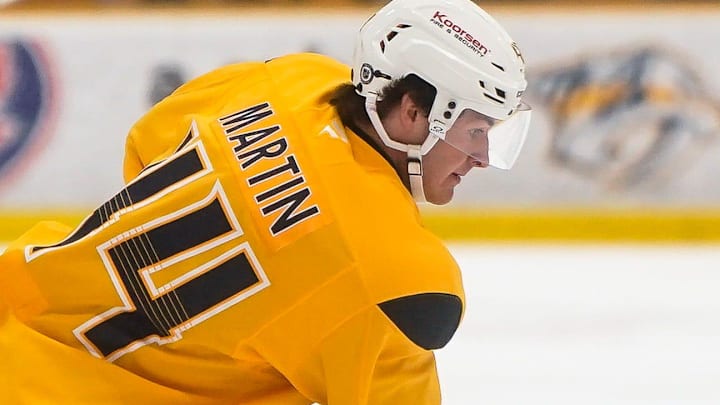 Gold team forward Brady Martin (44) skates with the puck during the Future Stars Game at the Ford Ice Center Bellevue in Nashville, Tenn., Saturday, July 5, 2025.