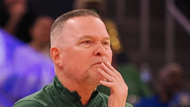 Mar 17, 2025; San Francisco, California, USA; Denver Nuggets head coach Michael Malone on the sideline during the third quarter against the Golden State Warriors at Chase Center. Mandatory Credit: Kelley L Cox-Imagn Images