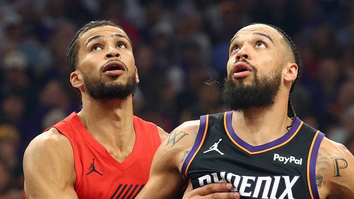 Apr 14, 2026: Portland Trail Blazers forward Toumani Camara against Phoenix Suns forward Dillon Brooks during the play-in rounds of the 2026 NBA Playoffs at Mortgage Matchup Center. Mandatory Credit: Mark J. Rebilas Apr 14, 2026: Portland Trail Blazers forward Toumani Camara against Phoenix Suns forward Dillon Brooks during the play-in rounds of the 2026 NBA Playoffs at Mortgage Matchup Center. Mandatory Credit: Mark J. Rebilas
